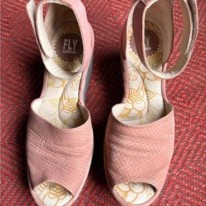 FLY London Pink Suede Peep-Toe Wedge Sandals with Ankle Strap